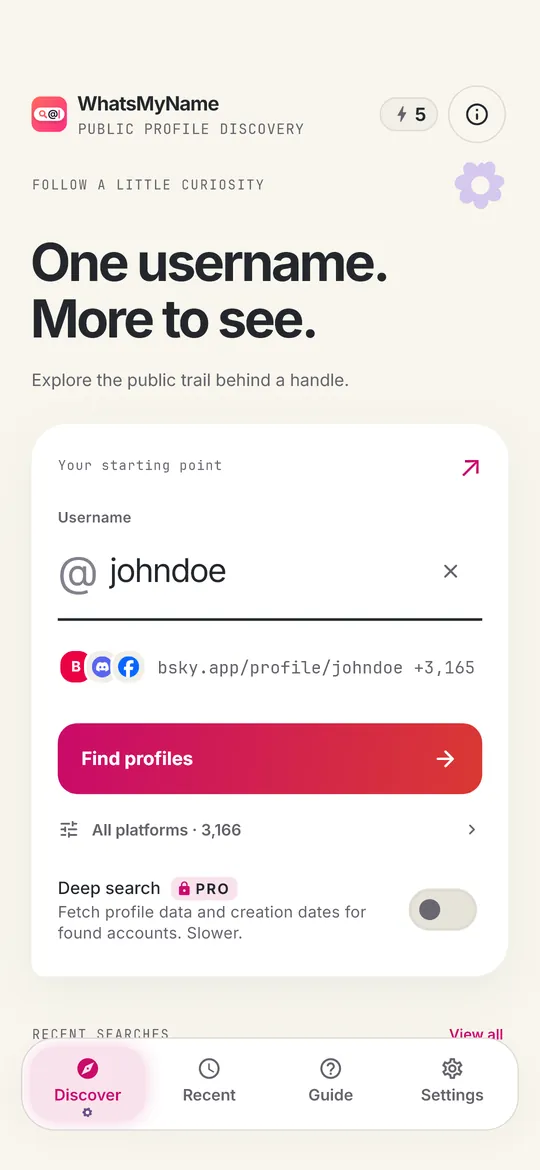 Home screen with a username field and the Find profiles button