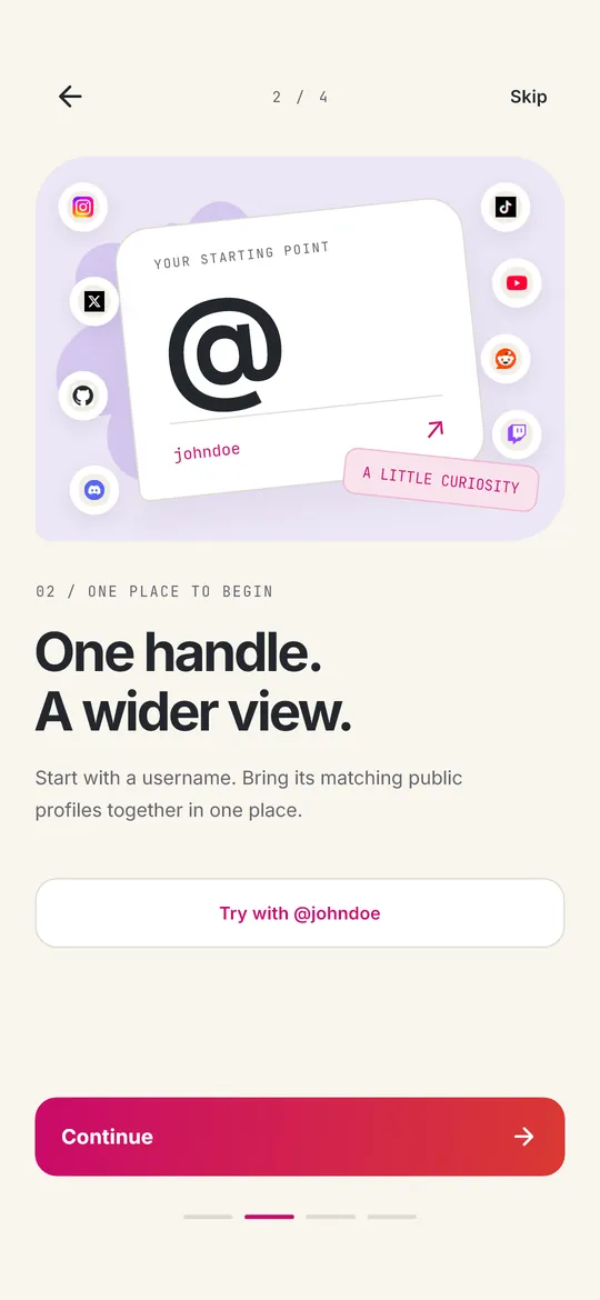 Onboarding screen with platform icons around a sample handle