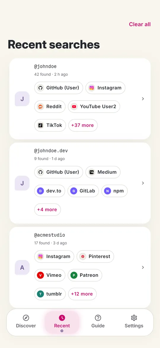 Recent searches with saved profile links, ready to reopen