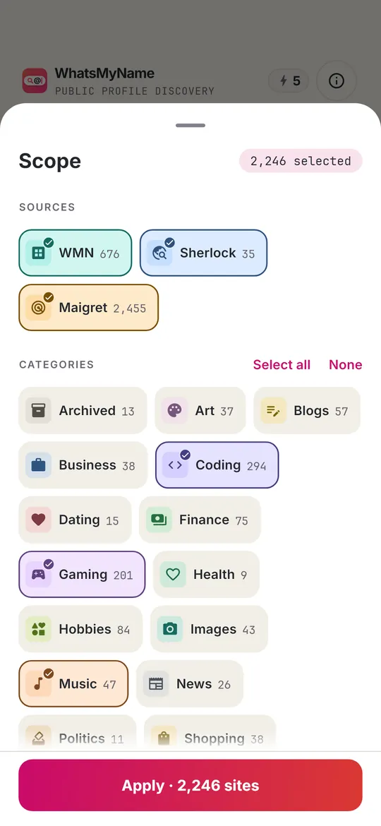 Scope screen for choosing sources and categories